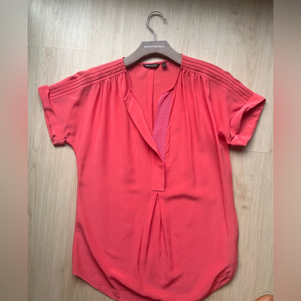 Massimo Dutti Silk Coral Pleated Blouse with Mandarin Collar